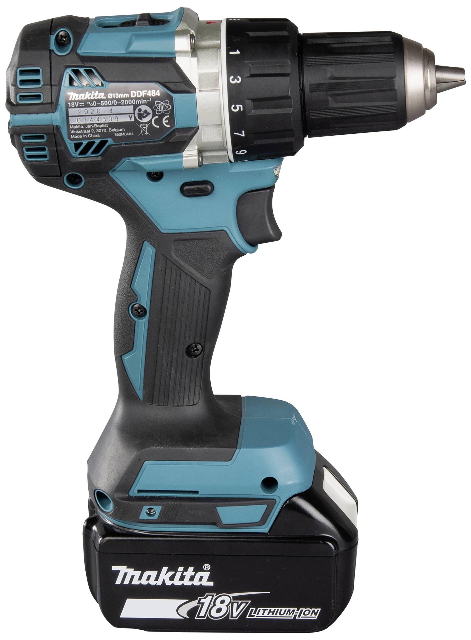Ein kabelloser Bohrschrauber von Makita mit blauem und schwarzem Gehäuse, 18V Lithium-Ionen-Akku.