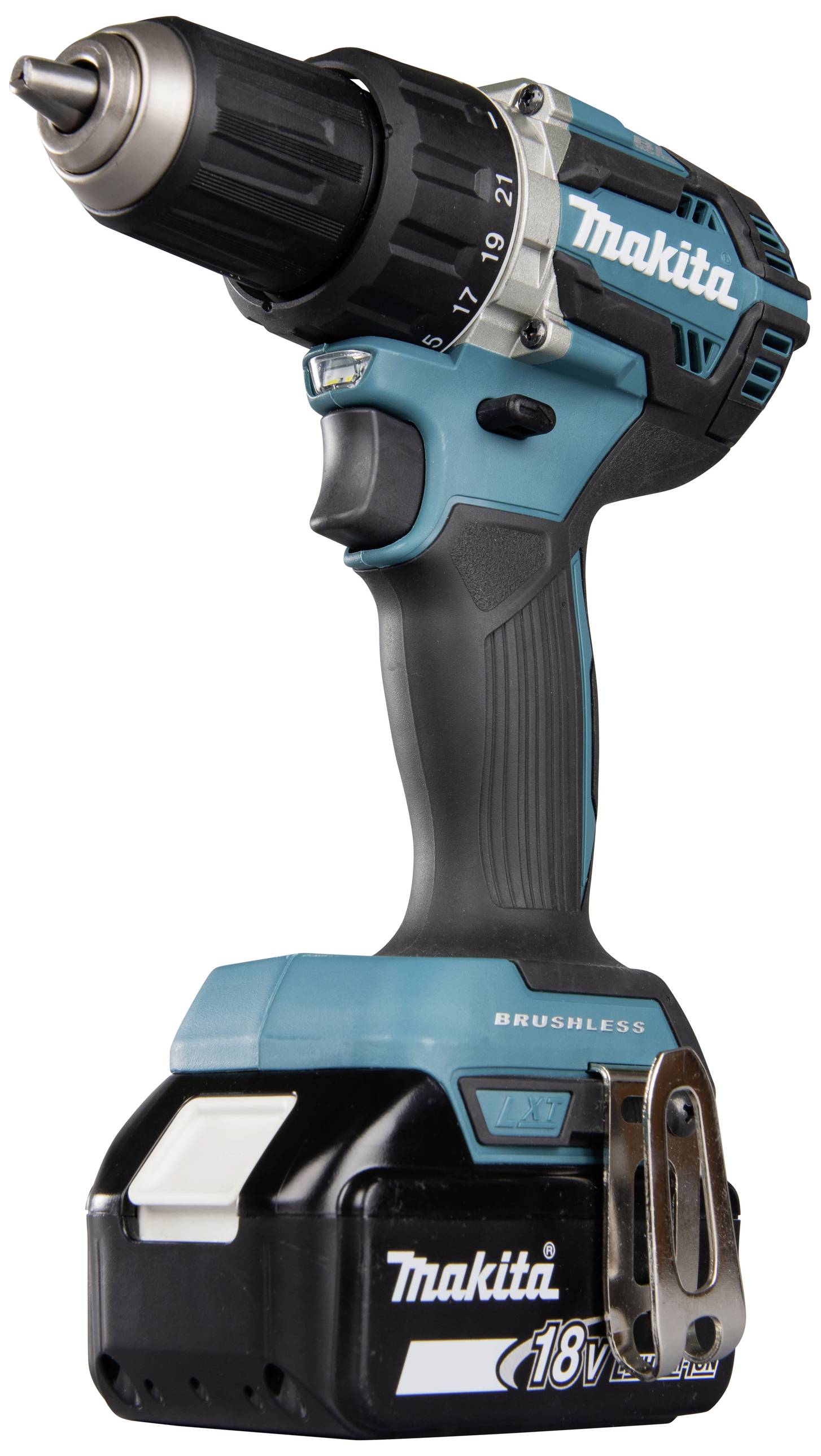 Kabelloser Akkuschrauber in Blau mit 18-Volt-Batterie und bürstenlosem Motor von Makita.