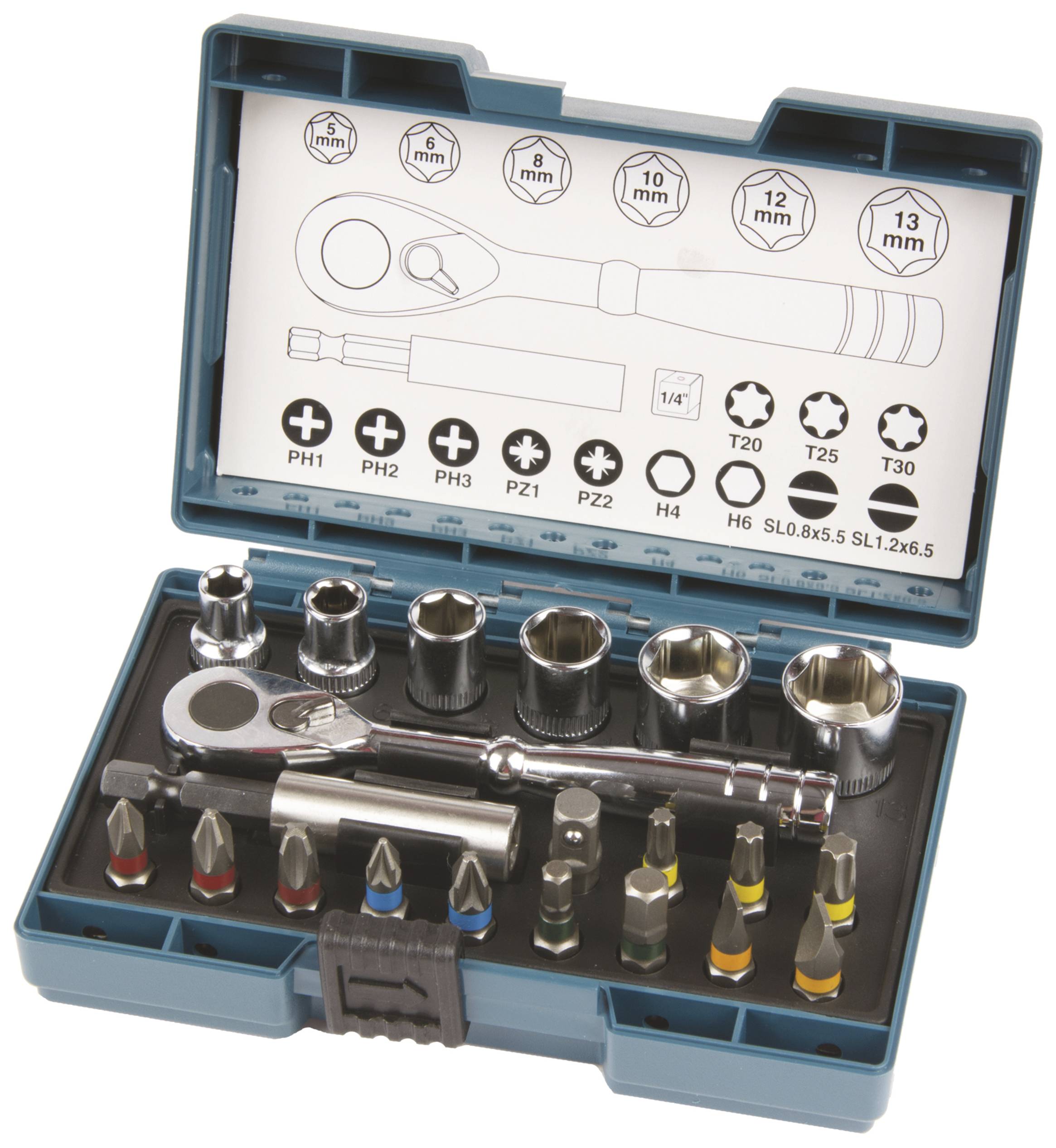Ratschensatz in blauer Box: Ratsche, Stecknüsse, Bits, Verlängerungen. Größen von 8 bis 13 mm, Kreuz- und Schlitzbits enthalten.