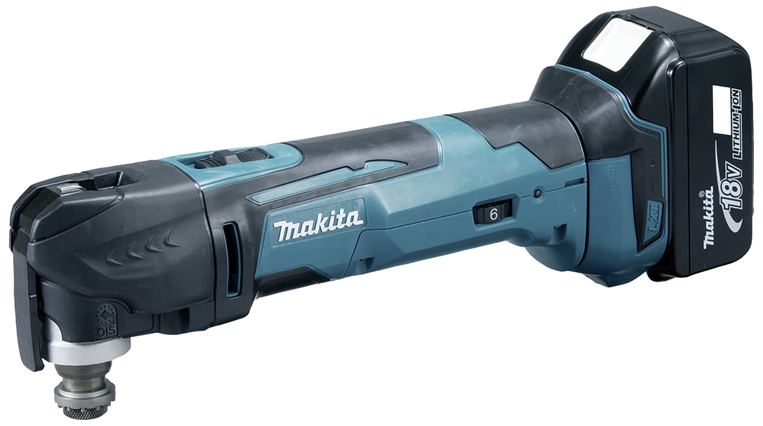 Akku-Multifunktionswerkzeug mit Wechselkopf, blau-schwarz, Marke 'Makita', leistungsstark für vielseitige Anwendungen.