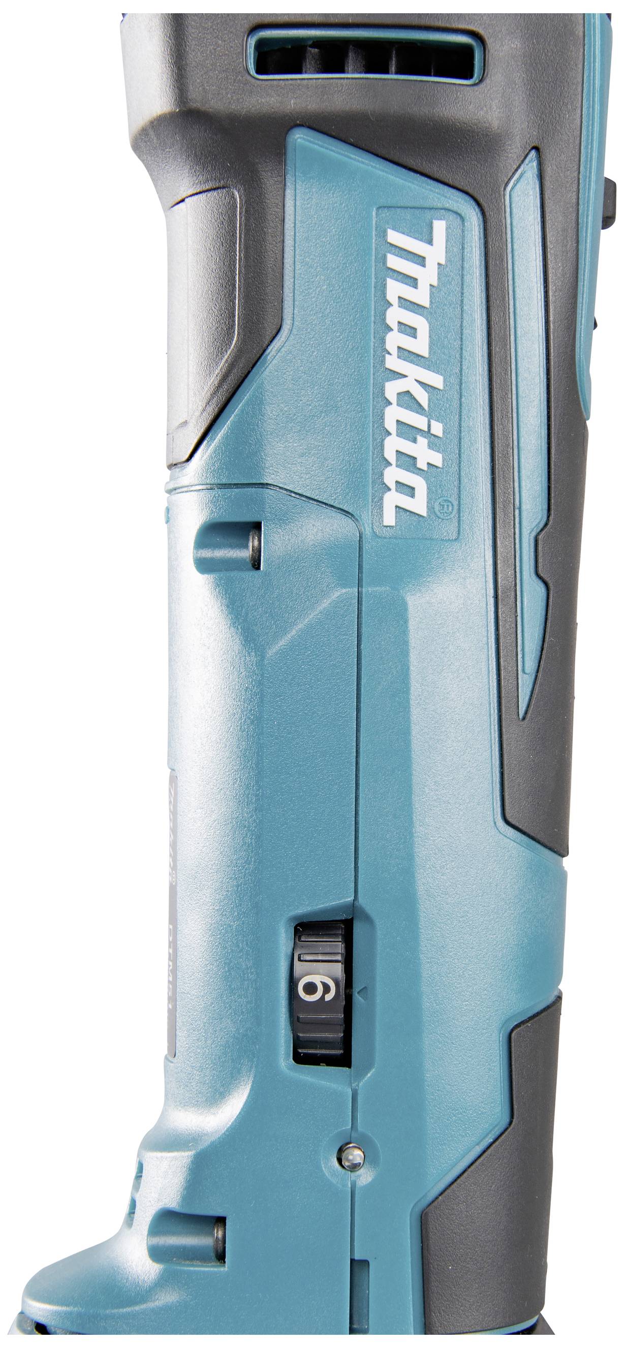 Makita Elektrowerkzeug, blaues Gehäuse, vertikal gehalten, mit sichtbarem Schalter für Geschwindigkeitseinstellung.