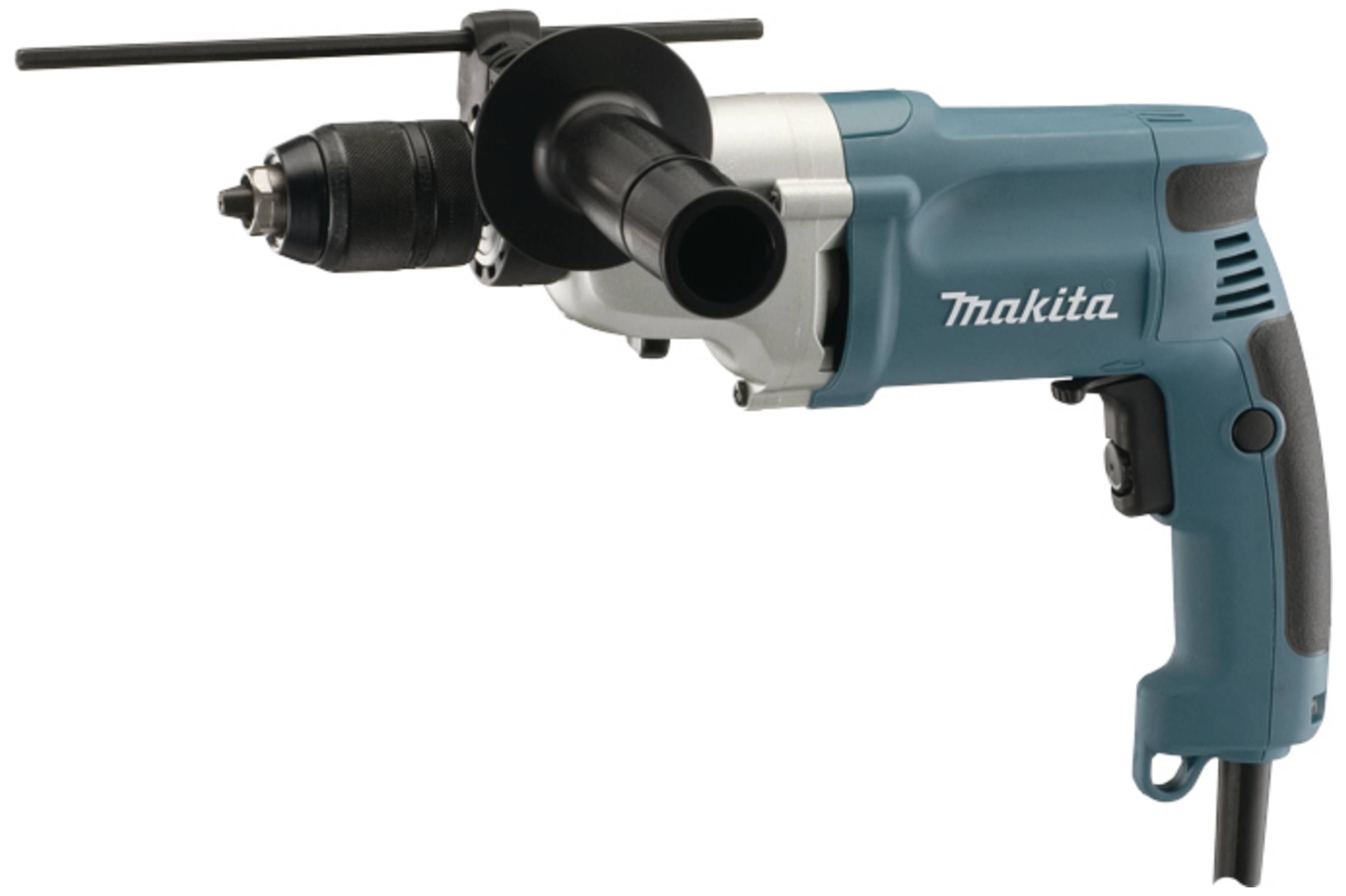 Bohrmaschine von Makita in seitlicher Ansicht mit blauem Gehäuse, schwarzem Handgriff und Tiefenanschlag.