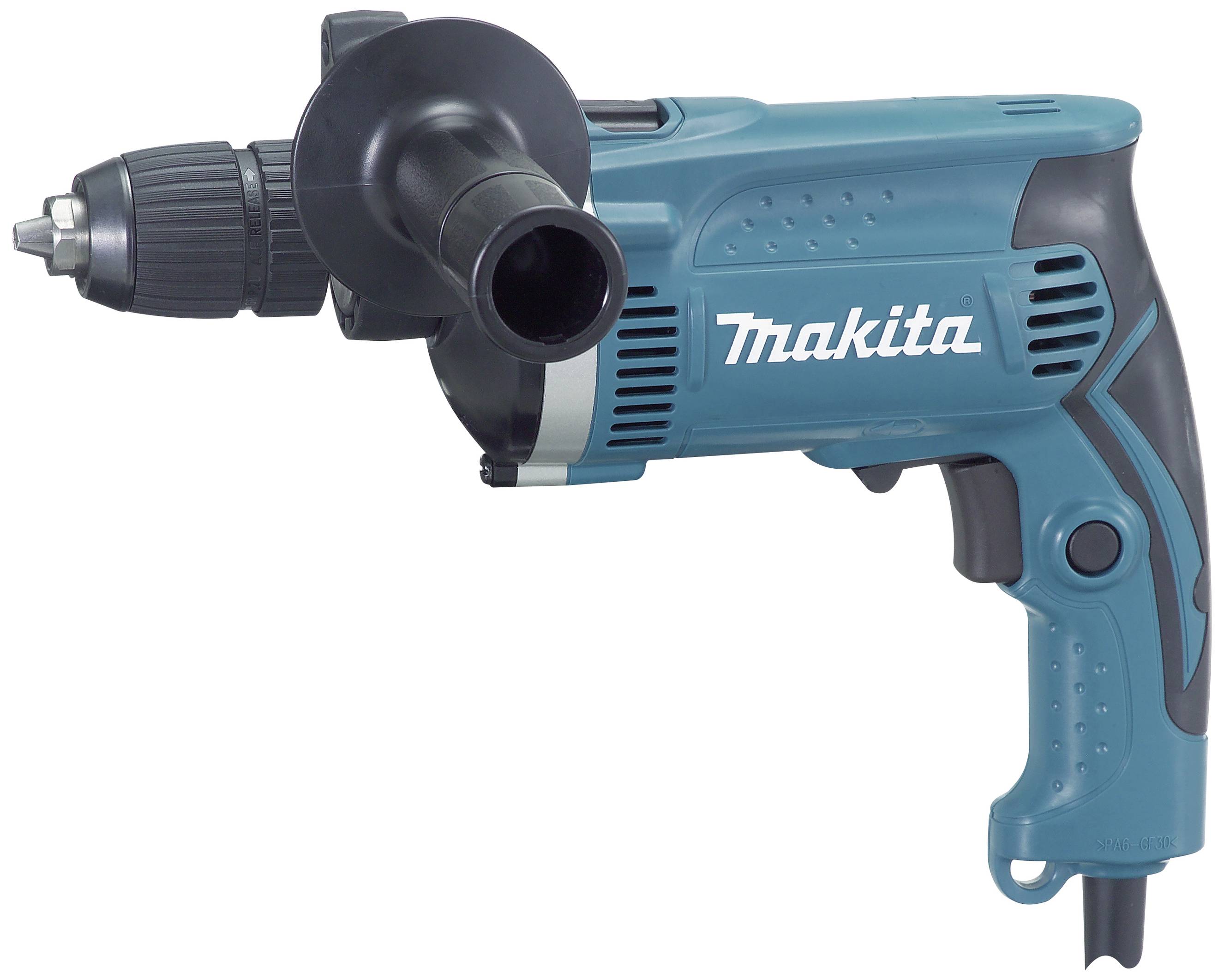 Eine blaue, kabelgebundene Bohrmaschine von Makita mit schwarzem Handgriff und robustem Design, geeignet für Heimwerkerarbeiten.