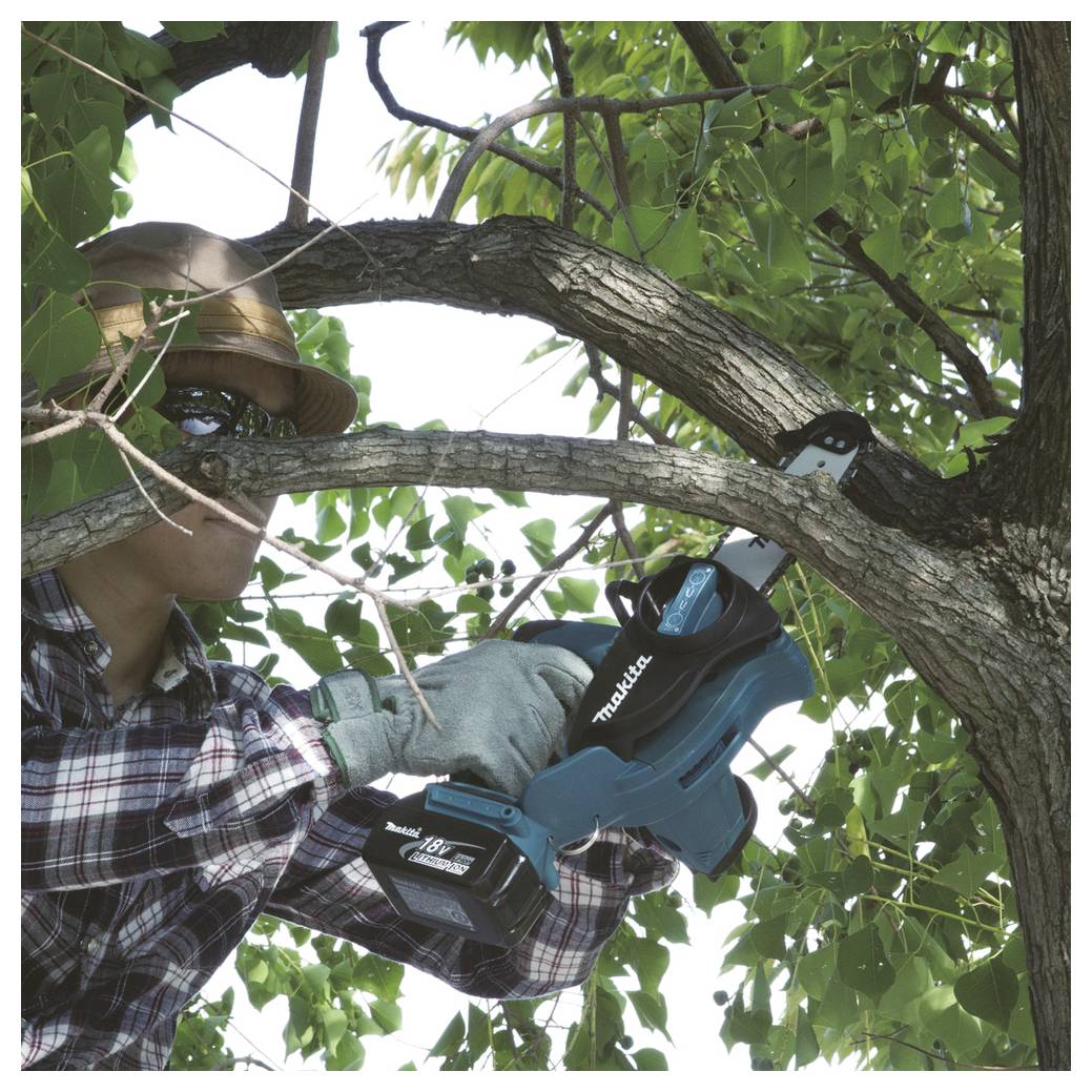 Eine Person in einem Hut und einem karierten Hemd benutzt eine blaue kabellose Makita-Säge, um einen Baumast in einer belaubten Umgebung zu schneiden.