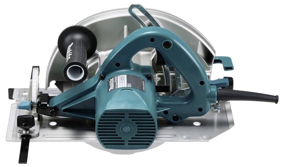Eine petrolblaue elektrische Kreissäge mit Griff und Sicherheitsabdeckung, die zum Schneiden von Holz oder ähnlichen Materialien entwickelt wurde.