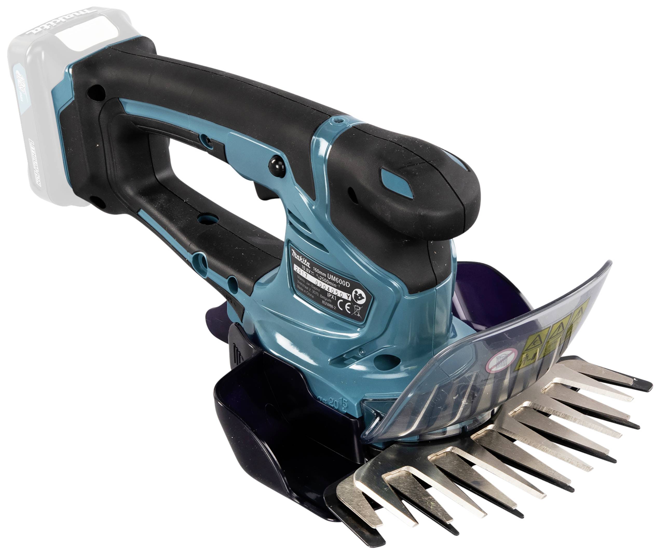 Ein elektrischer Strauchschneider in blauer Farbe mit schwarzem Griff, geeignet zum Schneiden von Büschen und kleinen Ästen.