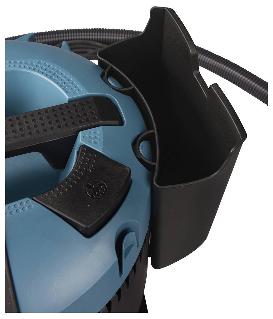 Nahaufnahme des Deckels und der Schlauchverbindung eines blauen Industriestaubsaugers mit strukturierten schwarzen Bedienungen und robustem Design.