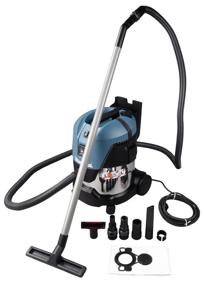 Ein blauer und silberner Staubsauger mit mehreren Aufsätzen, einschließlich Schläuche, Düsen und Filter, auf weißem Hintergrund angezeigt.