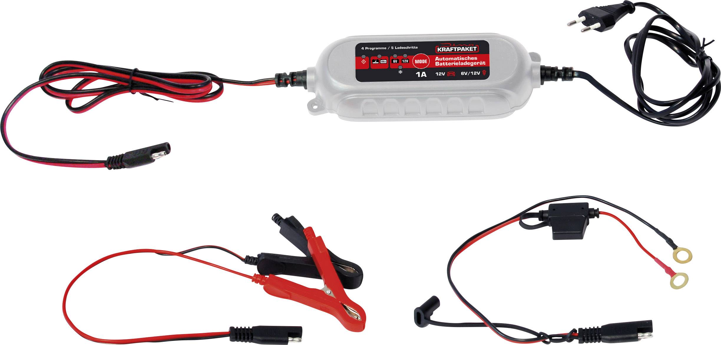 Autobatterie-Ladegerät mit Kabeln, Klemmen und Steckern. Für 6V-12V Batterien, mit Anzeigeleuchten für Ladevorgang und Status.