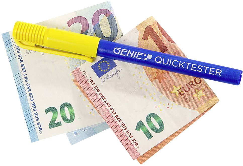 Ein blauer Geldscheinprüfstift liegt auf einem 20- und einem 10-Euro-Schein, um deren Echtheit zu überprüfen.