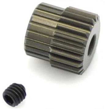 Ein metallisches Zahnrad mit einem kleinen schwarzen Gewindestift daneben auf weißem Hintergrund.