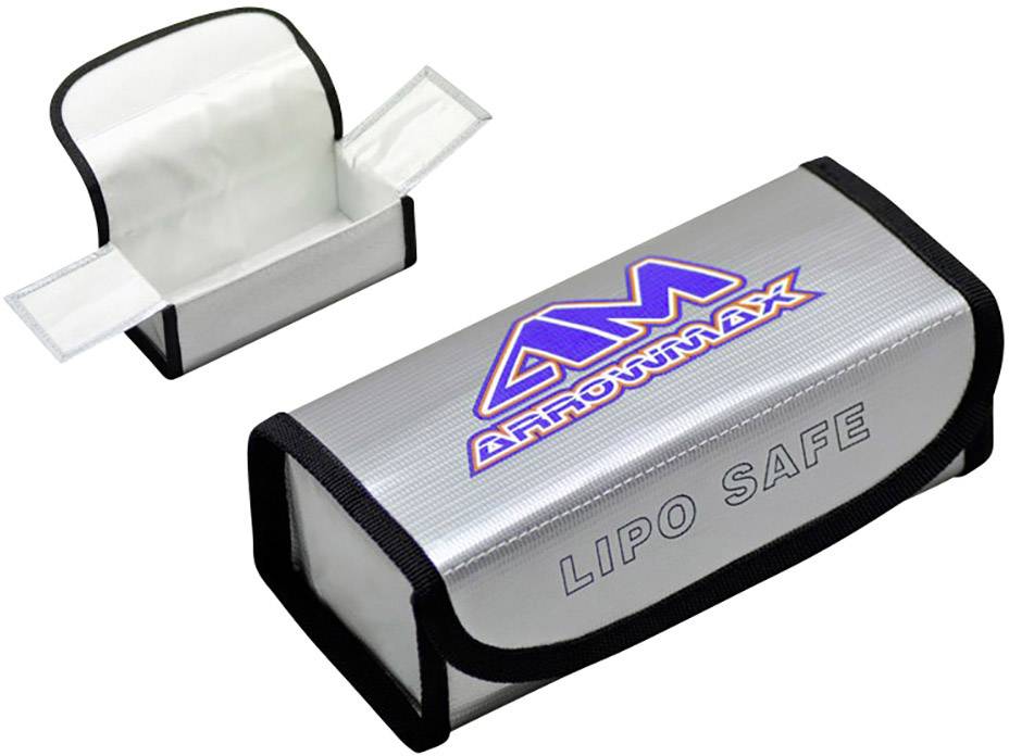 Silberne LIPO SAFE Tasche für Akkus mit blauem Logo und schwarzem Rand; offene und geschlossene Ansicht oben links.