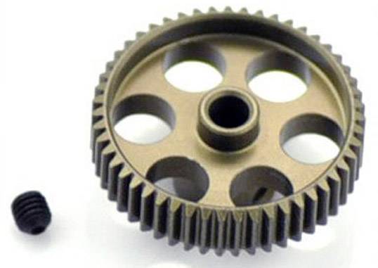 Zahnrad aus Metall mit fünf großen Löchern und einer zentralen Achsaufnahme, daneben eine kleine Schraube. Mechanikteil.