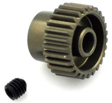 Ein Zahnrad aus Metall, neben einer kleinen schwarzen Schraube.