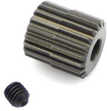 Metallzahnrad und kleine Schraube nebeneinander. Das Zahnrad hat gerade Zähne und eine zentrale Bohrung.