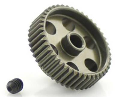 Zahnrad aus Metall mit fünf Löchern, daneben eine kleine Schraube.