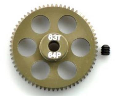 Ein Metallzahnrad mit sechs runden Löchern, beschriftet mit '63T 64P', liegt flach. Daneben eine schwarze Schraube.