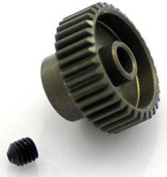 Ein Metallzahnrad mit einer kleinen Madenschraube daneben, auf weißem Hintergrund.