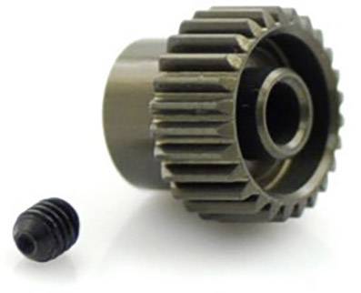 Zwei Metallteile: ein großes Zahnrad mit innenliegenden Zähnen und eine kleine Schraube davor, auf weißem Hintergrund.