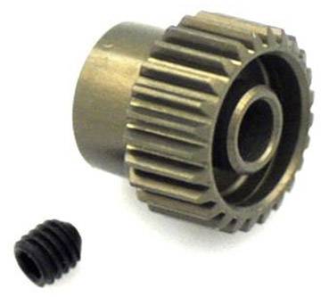 Ein einzelnes Metallzahnrad mit präzisen Zähnen, daneben eine kleine schwarze Schraube.