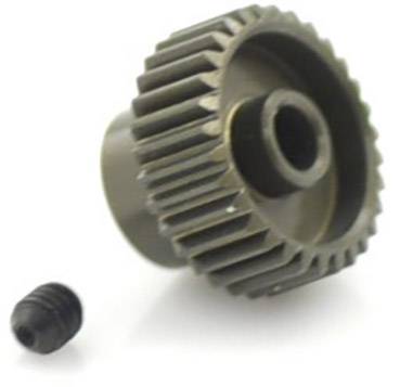 Metallzahnrad mit kleiner Schraube daneben, vor weißem Hintergrund. Geeignet für Maschinenbau oder mechanische Anwendungen.