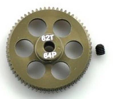 Ein Zahnrad mit sechs Löchern und der Beschriftung '62T 64P' in der Mitte. Daneben liegt eine kleine Schraube.