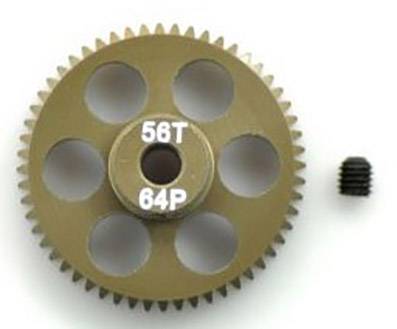 Zahnrad mit der Aufschrift '56T 64P' und sechs Löchern, daneben eine kleine schwarze Schraube.