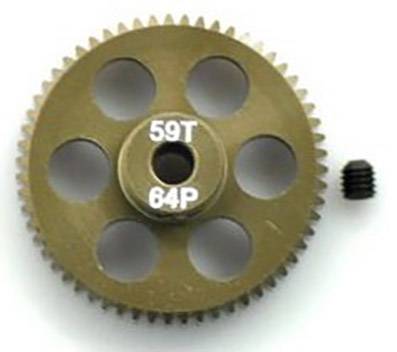 Ein bronzefarbenes Zahnrad mit der Aufschrift '59T 64P' in der Mitte. Daneben liegt eine kleine schwarze Schraube.