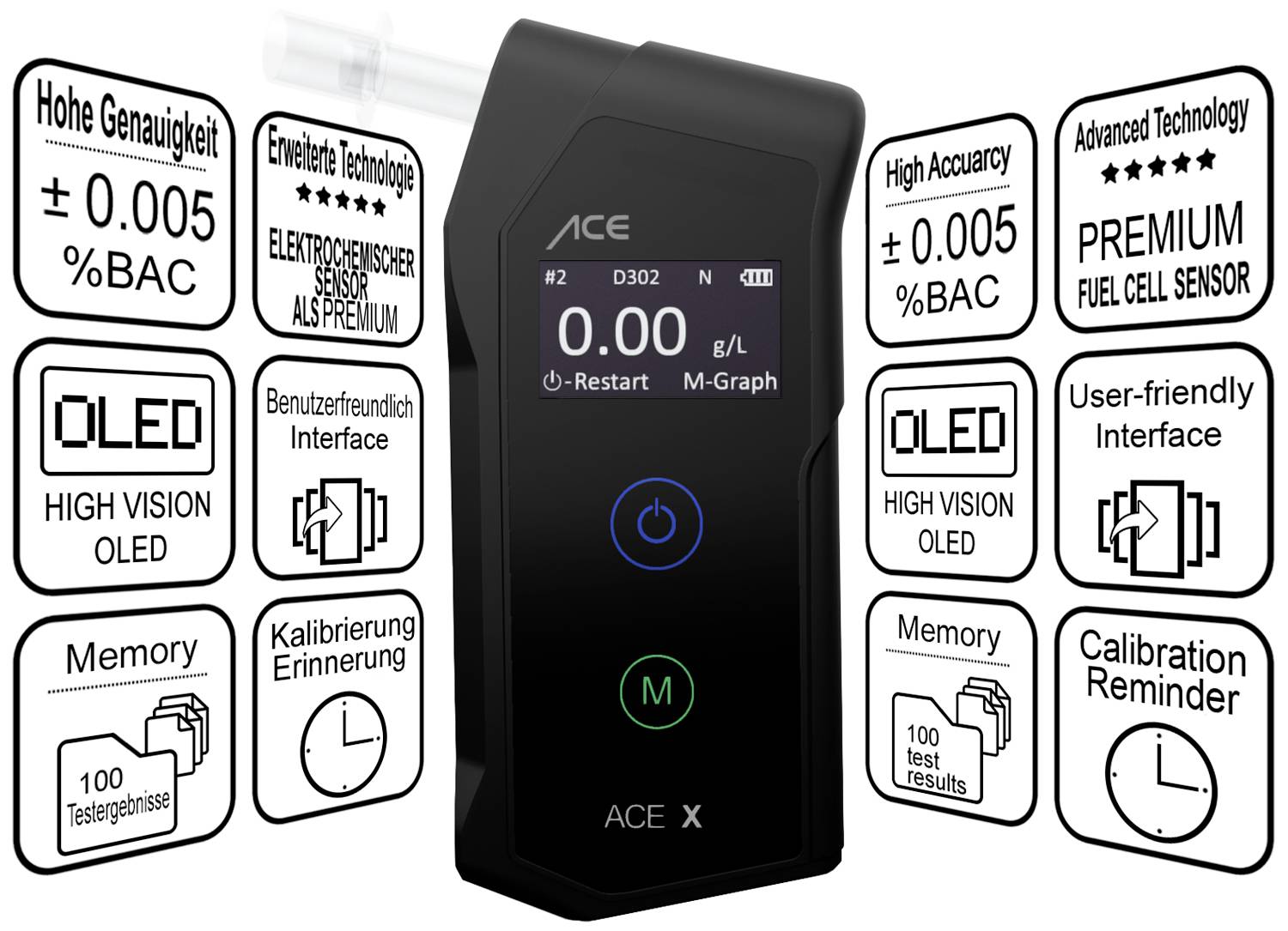 ACE X Alkoholtester Schwarz 0.0 bis 5 ‰ inkl. Display