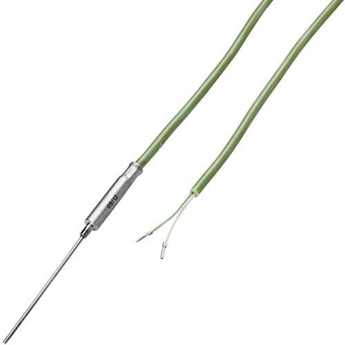 Ein grünes Kabel mit Metallspitze, vermutlich ein Temperaturfühler, mit zwei freiliegenden Drähten am Ende.