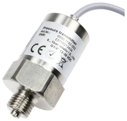 Metal pressure transmitter sensor with threaded fitting and attached cable, labeled for measuring pressure, likely for industrial use.