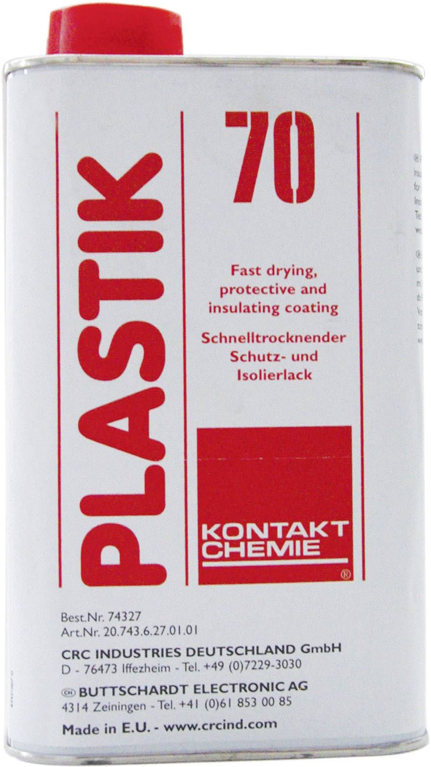 'PLASTIK 70' Schutz- und Isolierlack, schnelltrocknend, roter Text auf weißer Metallverpackung, hergestellt von CRC Industries.