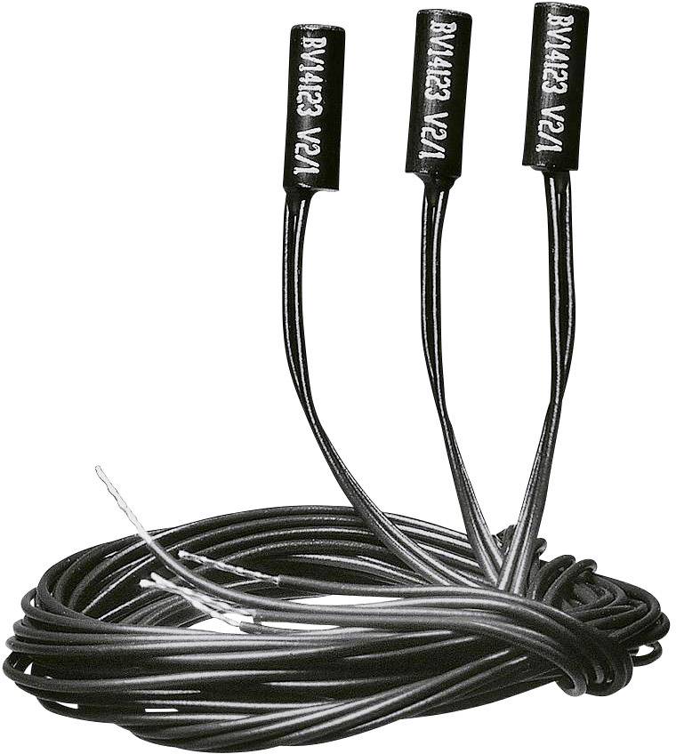 Drei schwarze Temperatursensoren des Typs BVM123 V2.1, verbunden mit einem langen schwarzen Kabel, für Temperaturmessungen.