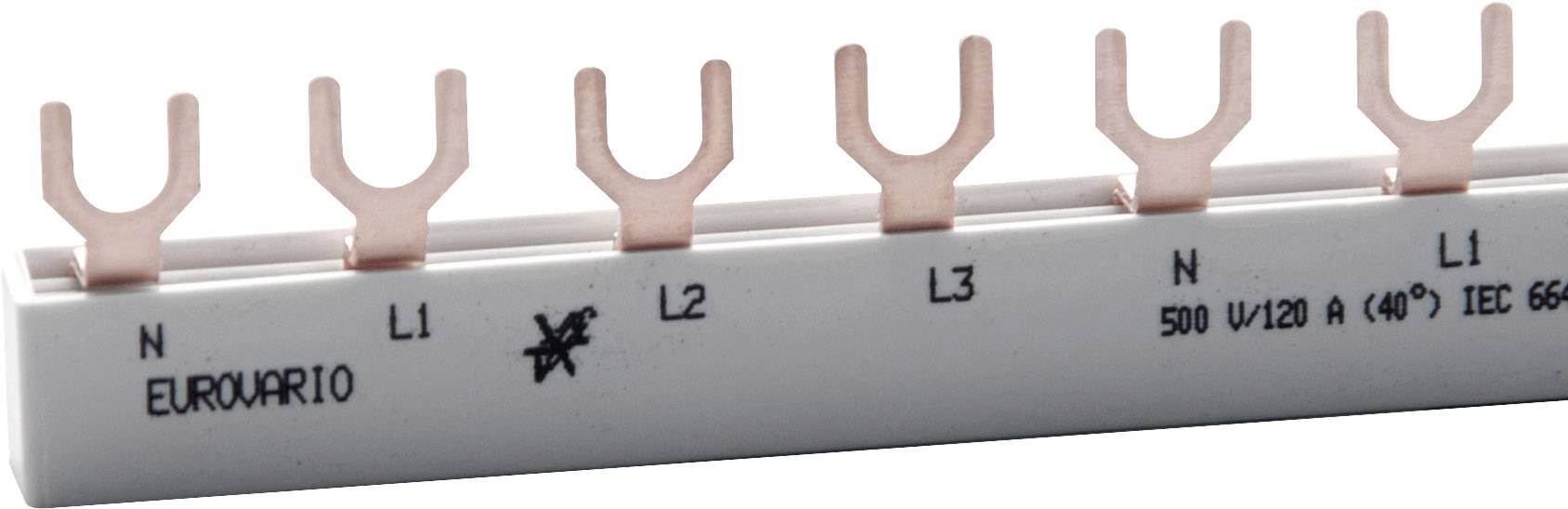 Kupferschiene mit Gabelanschlüssen. Markierungen: 'N, L1, L2, L3, N'. Beschriftung: 'EUROWARR10, 500V/120A (40°), IEC 66'.