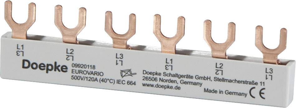 Ein Kupfer-Phasenschiene von Doepke mit sechs Klemmen. Aufschrift: '500V/120A (40°C) IEC 664'. Hergestellt in Deutschland.