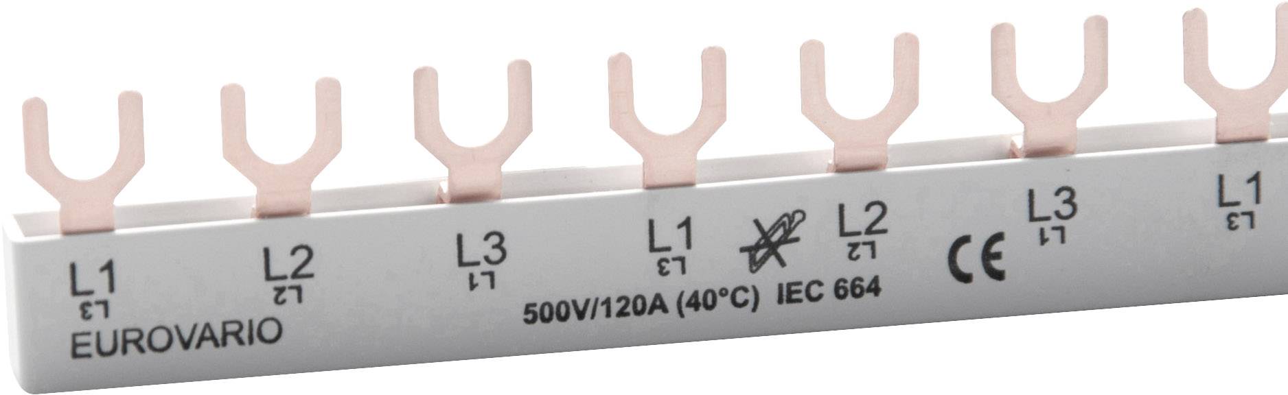 Ein Kupferschienen-Verteilerblock mit Aufschrift: 'EUROVARIO', Nennspannung '500V' und Stromstärke '120A', bei 40°C, Norm IEC 664.