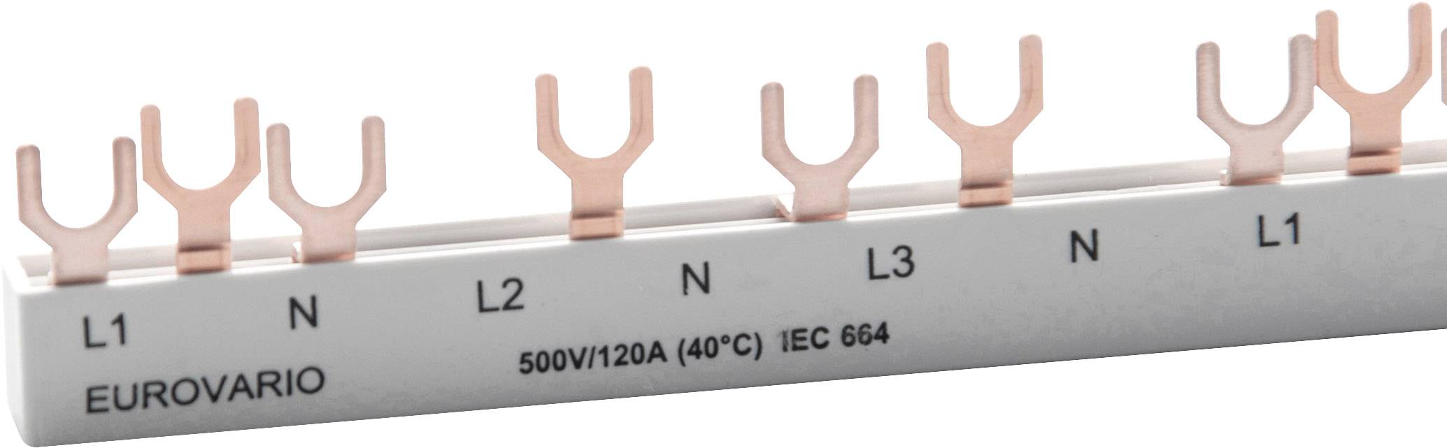 Kupferschiene mit Gabelanschlüssen, die als Verteilungselement in elektrischen Schaltschränken dient. Beschriftung: 'L1', 'N', 'L2', 'L3'.