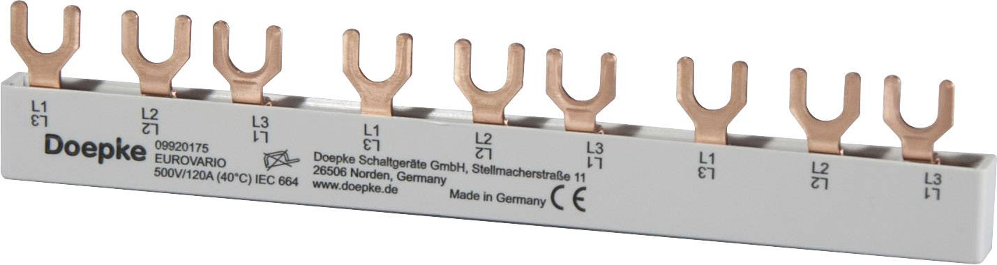 Stromschiene mit sieben Zinken, beschriftet 'Doepke', für elektrische Verteilungen.
