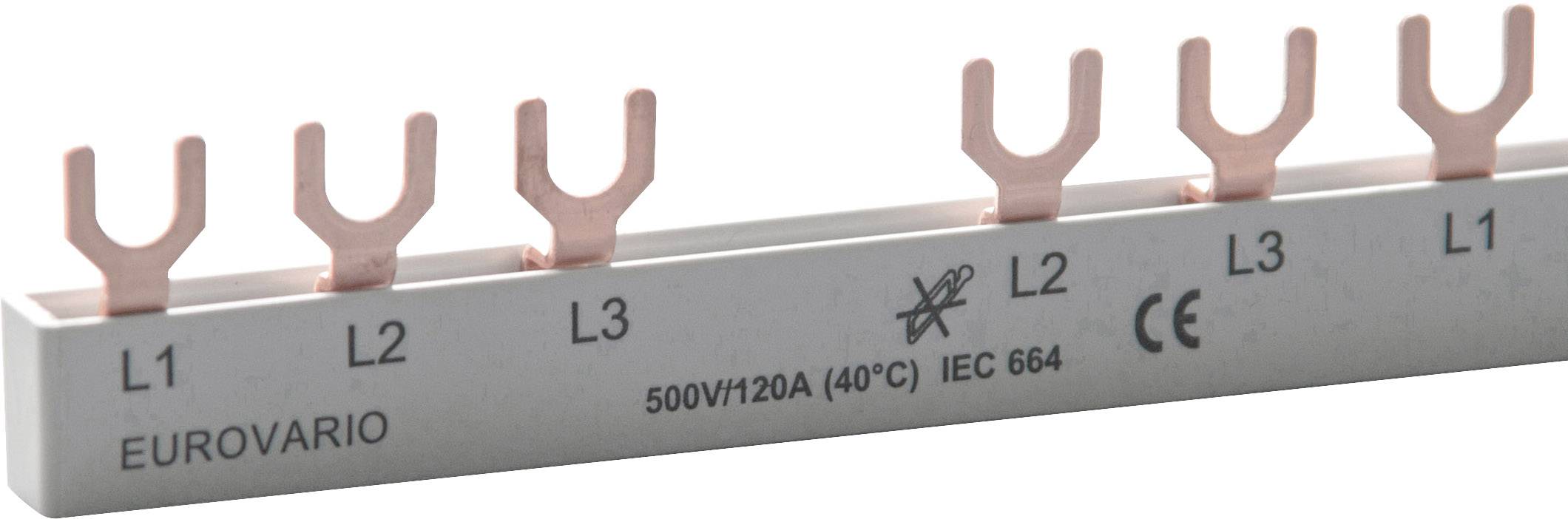 Kupferschiene mit fünf Gabelklemmen, beschriftet von L1 bis L3 und Eurovario. Beschriftung zeigt '500V/120A (40°C) IEC 664'. Geeignet für Elektroinstallationen.