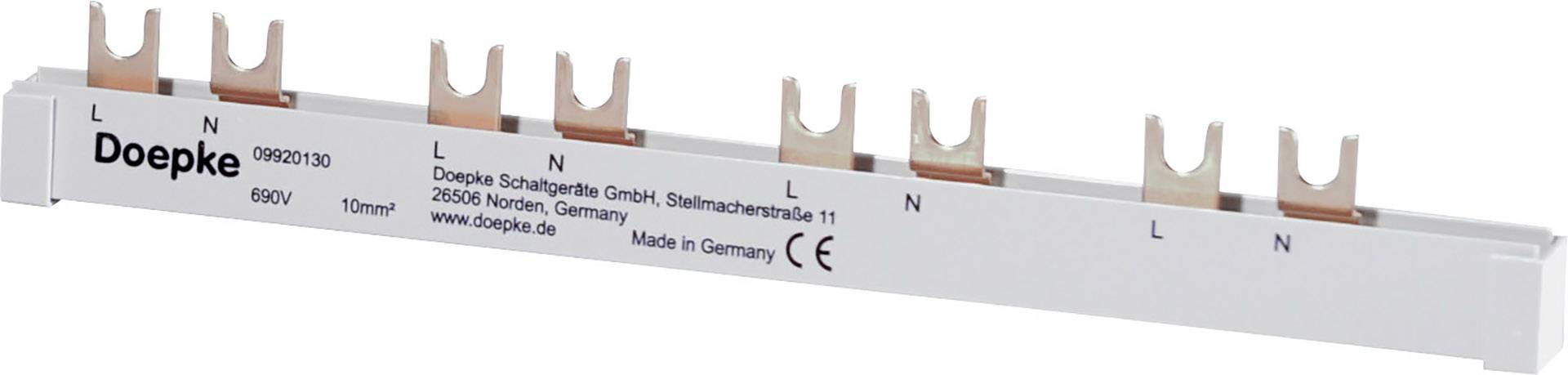 Stromschiene von Doepke, 60V, 10mm², zur Verbindung von Schutzschaltern. Enthält mehrere Kupferanschlüsse mit Kennzeichnung 'L' und 'N'.