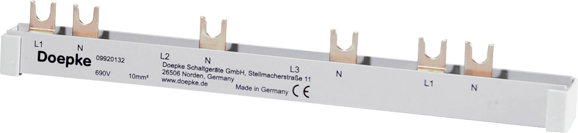 Verteilschiene mit sechs Kupferklemmen, bei denen abwechselnd die Anschlüsse L1, L2 und L3 und Neutralleiter (N) angezeigt werden.