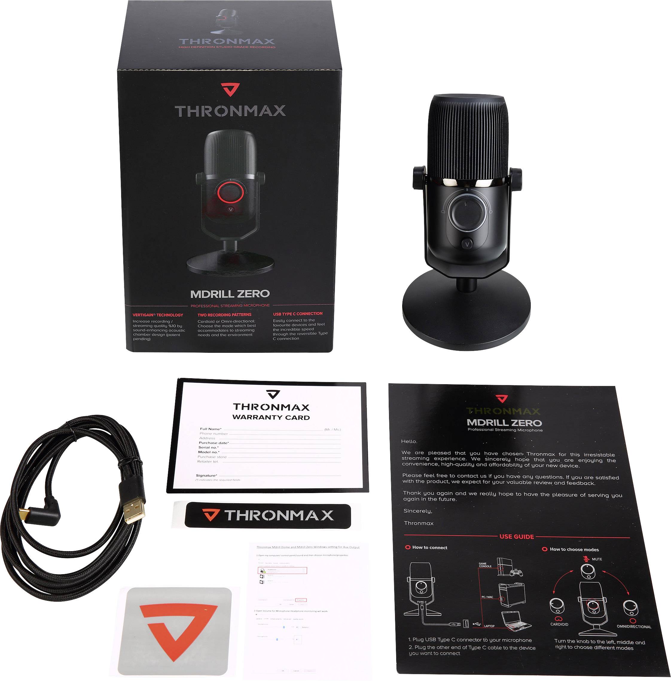 Thronmax M4 Stand USB-Studiomikrofon Übertragungsart (Details):Kabelgebunden Standfuß, inkl. Kabel USB-C®, Audio, stereo (3.5 mm Klinke) Kabelgebun