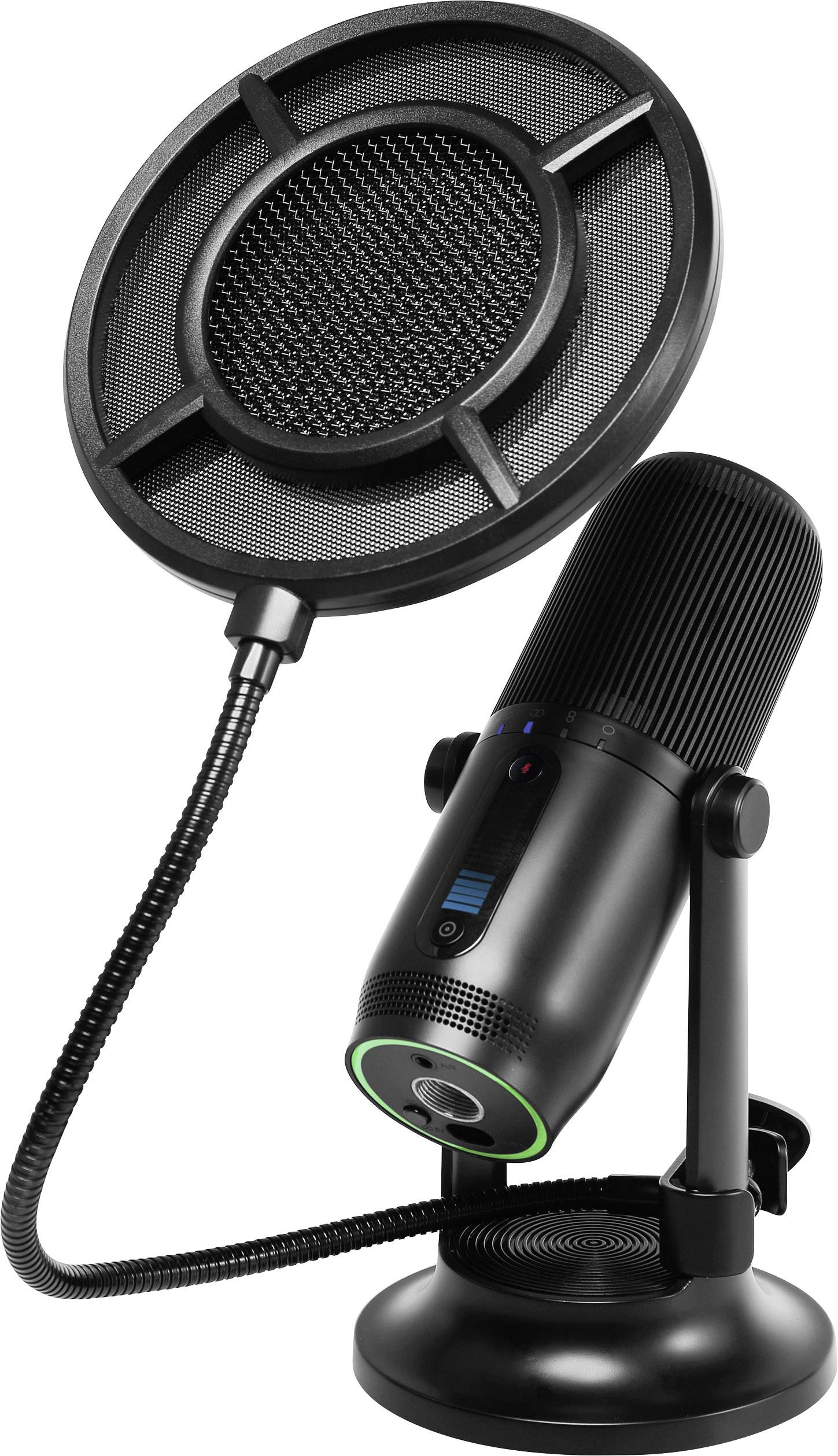 Ein schwarzes Studio-Mikrofon mit einem Popfilter, geeignet für Aufnahmen und Streaming.