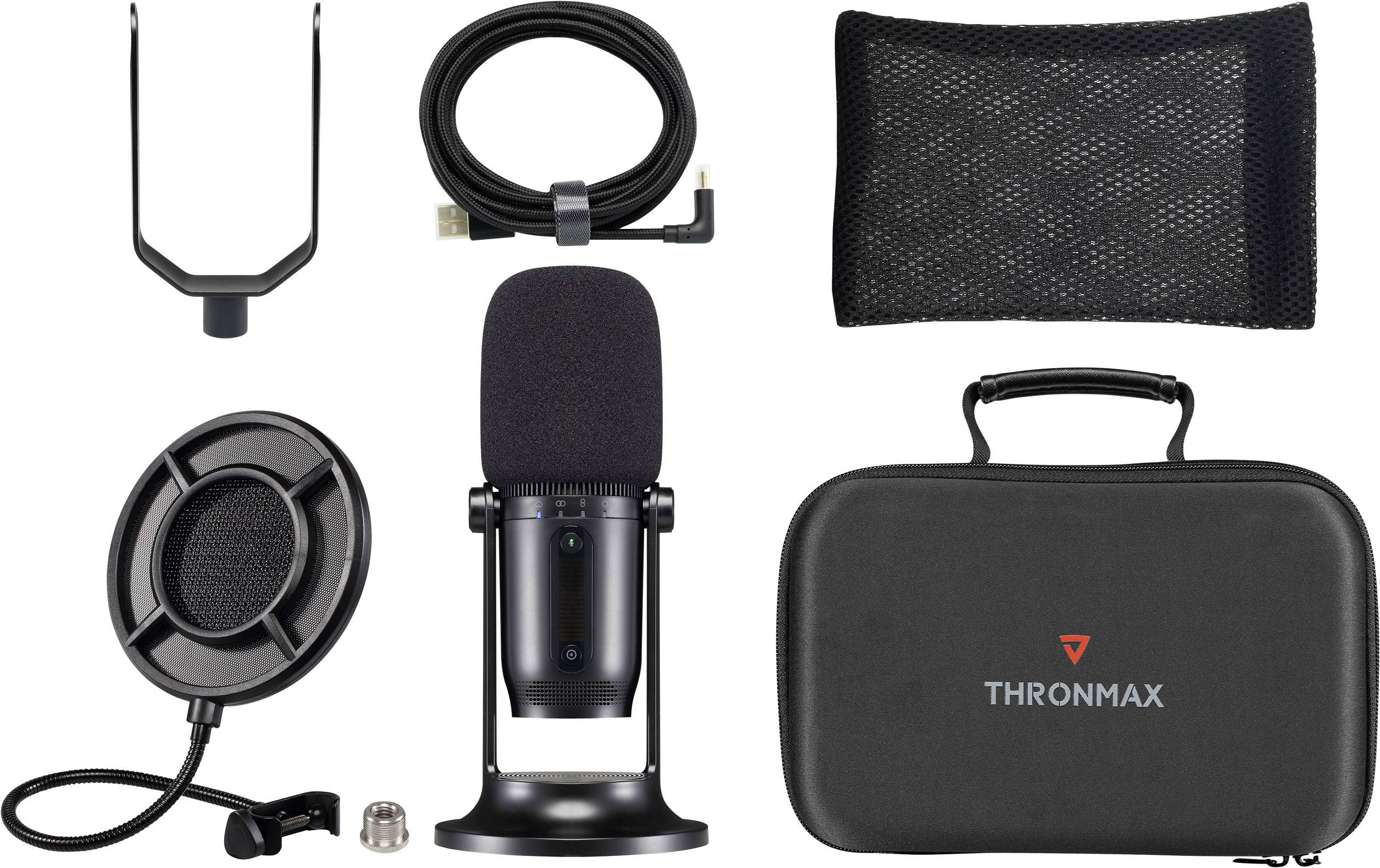 Mikrofonset mit Mikrofon, Halterung, Popschutz, USB-Kabel, Tragetasche und Netzabdeckung. Geeignet für Tonaufnahmen und Podcasts.