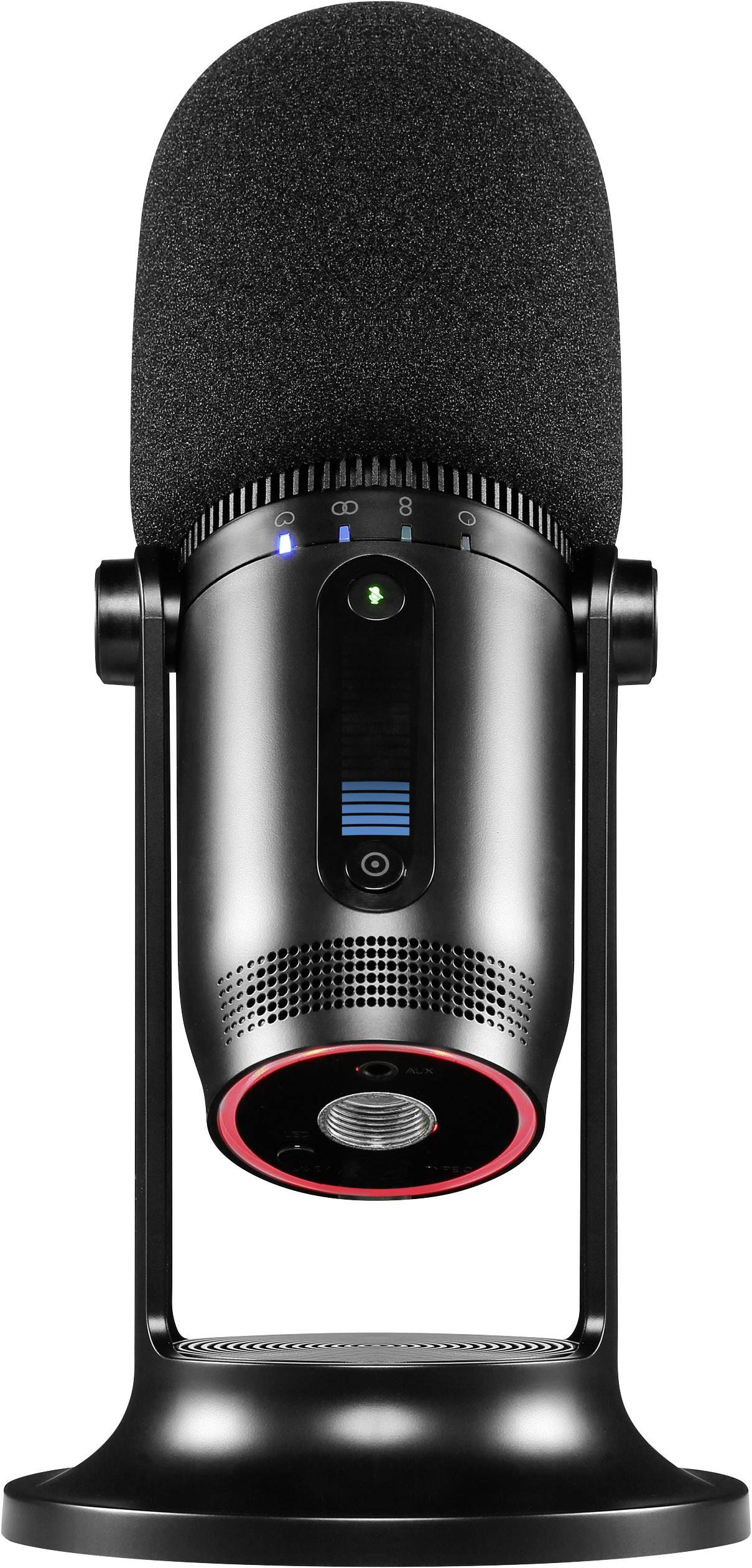 Schwarzes Studiomikrofon auf Ständer mit verschiedenen Bedienelementen und einer LED-Anzeige für Aufnahmepegel. Ideal für Audioaufnahmen.