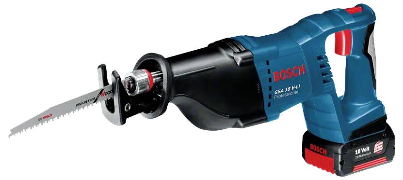 Bosch-Säbelsäge mit Akku und 18V-Akkupack auf weißem Hintergrund.