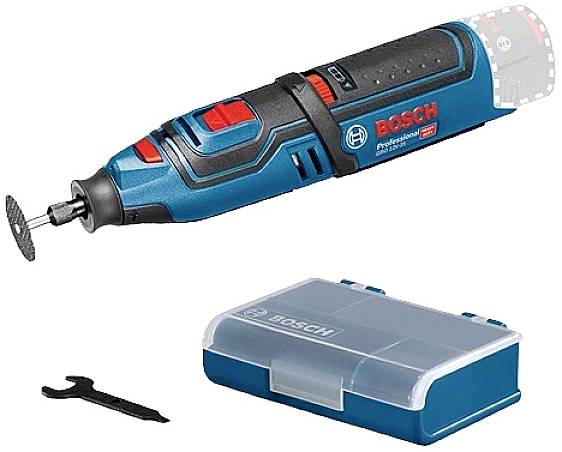Ein blauer, kabelloser Dremel mit rot-schwarzen Details, daneben eine Werkzeugbox und ein kleiner Schraubenschlüssel.