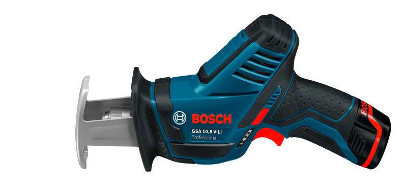 Ein grünes und schwarzes Bosch Akku-Säbelsägegerät mit ergonomischem Griff, Modell 'GSA 10,8 V-LI Professional', links abgebildet.