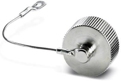 Ein silbernes, zylindrisches Sicherheitsverschluss-Bleeper-Gerät mit einem dünnen Kabel und Öse, dient zur Sicherung von Gegenständen.