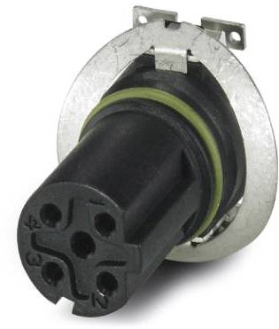 Steckverbinder mit rundem Metallgehäuse und schwarzem Kunststoffteil, zeigt fünf Anschlussstellen, geeignet für elektrische Verbindungen.